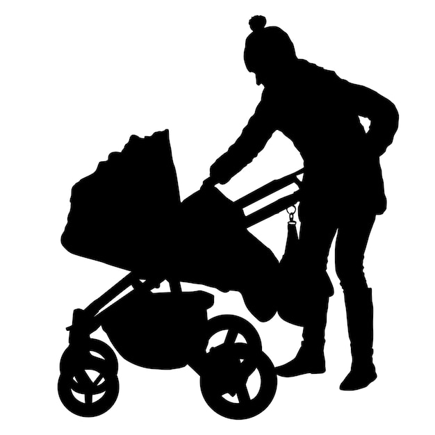 Vector silhouettes walkings mothers with baby strollers on white background