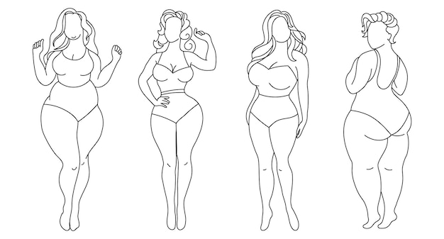 Silhouettes of women with different figures, set, sketch. Body positivity concept. Line art, vector