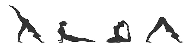 Silhouettes of yoga poses set black isolated figures on a white background Vector illustration