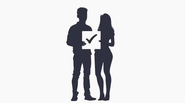 Vector silhouettes of young couple holding checkbox with tic