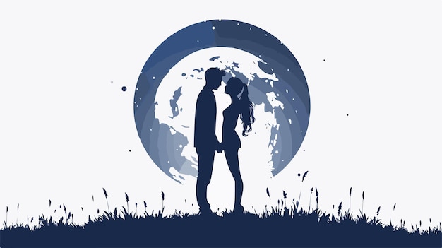 Silhouettes of Young Romantic Couple Standing Under Tree at Sunset