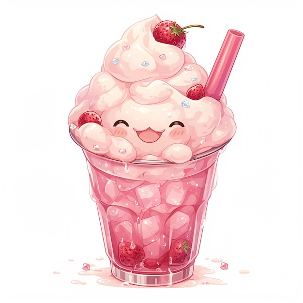 Silky Strawberry Milkshake Dessert Cartoon Drawing