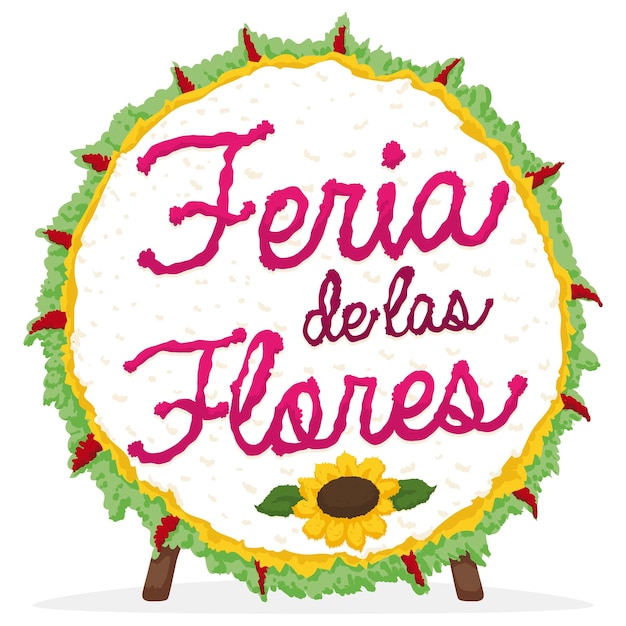 Silleta placed in wooden legs decorated with sunflower leaves and invitation for Festival of Flowers