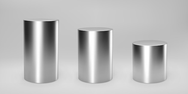 Silver 3d cylinder set front view and levels with perspective isolated on grey