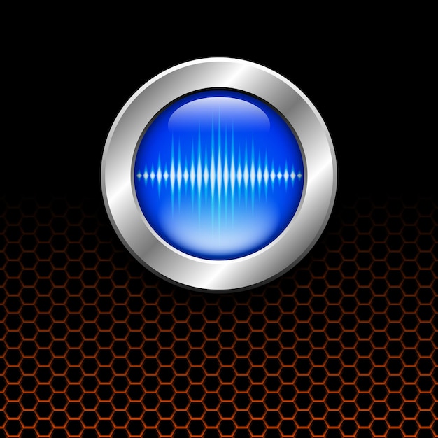 Silver button with blue sound wave sign on orange hex grid