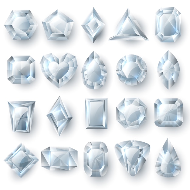 Vector silver diamonds gems, cutting stones jewelry vector set isolated