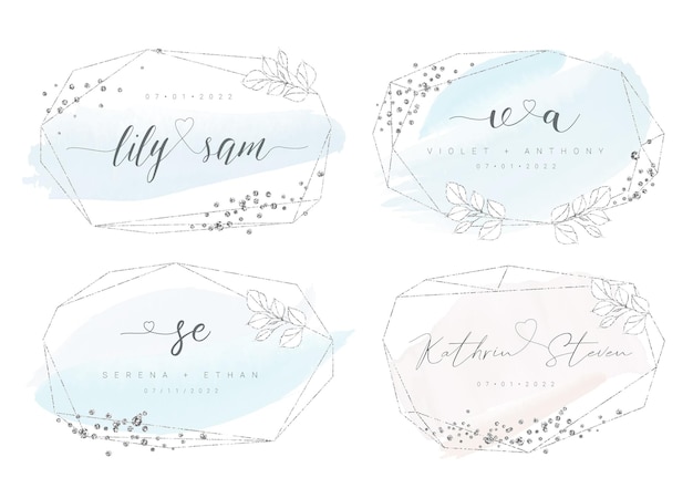 Silver geometric wedding frame with watercolor brush strokes and glitter