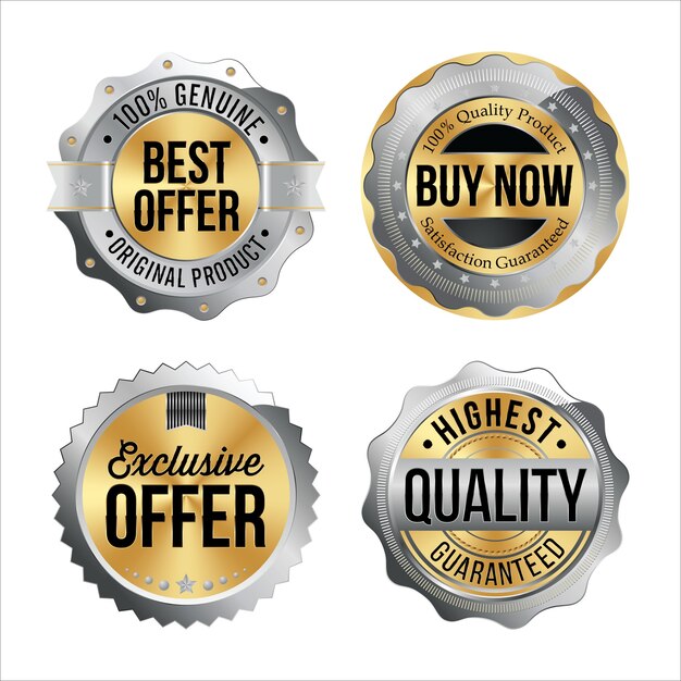 Vector silver and gold badges. set of four. best offer, buy now, exclusive offer, highest quality.