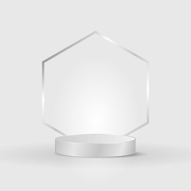 Silver metallic podium with hexagon and rounded base background