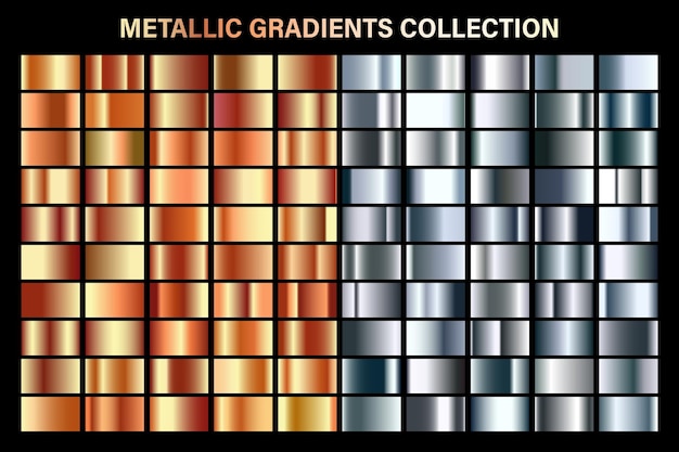 Vector silver and orange bronze glossy gradient metal foil texture color swatch set collection of high