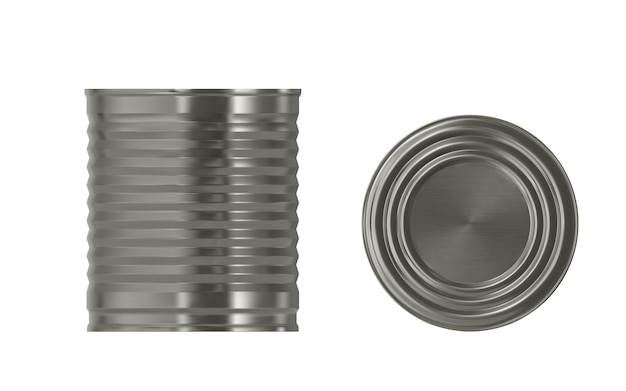 Silver ribbed tin can realistic mockup with top view