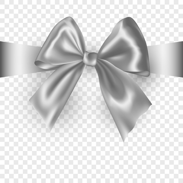 Silver ribbon bow with shadow isolated on transparent background.