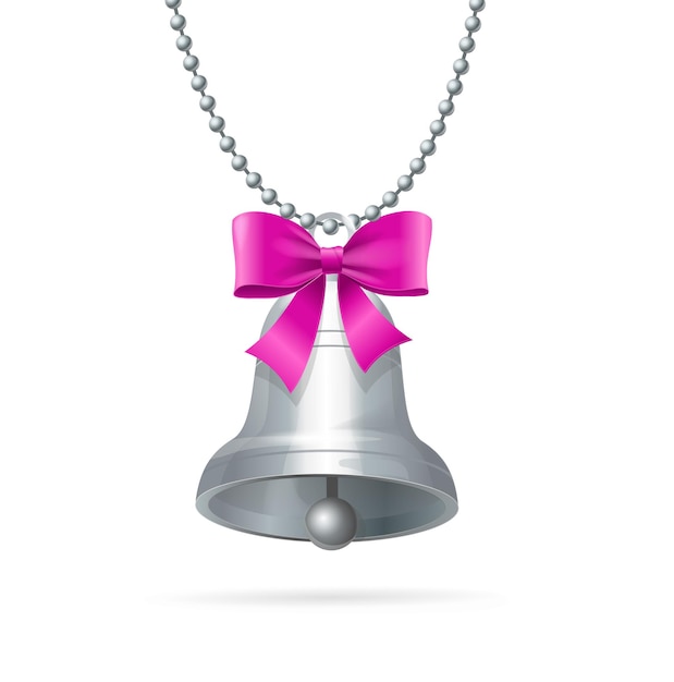 Silver Ring Bell with Bow Hanging Chain Symbol Of The Holiday For Web. Vector illustration