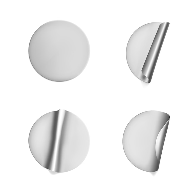 Silver round crumpled stickers with peeling corner set.