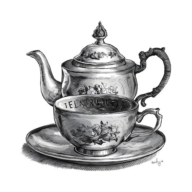 Silver tea set engraved style ink sketch drawing black and white vector illustration