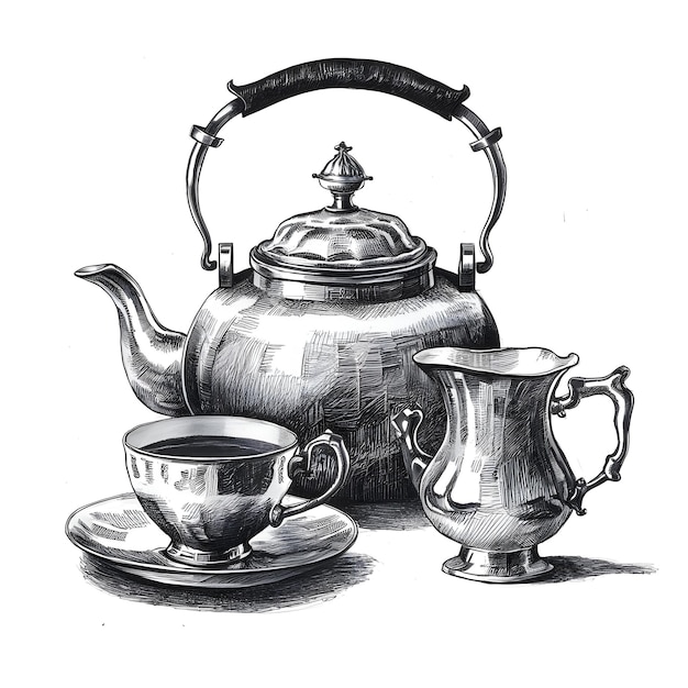 Silver tea set ink sketch drawing black and white engraving style vector illustration