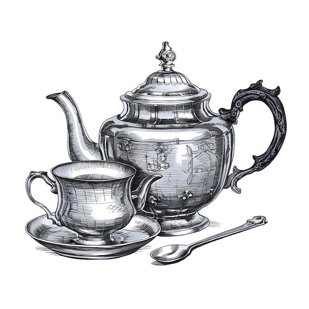 Silver tea set monochrome ink sketch vector drawing engraving style illustration