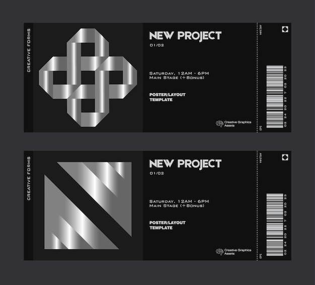 Silver ticket vector template. Brutalism-inspired graphics. Great for branding presentation, poster.