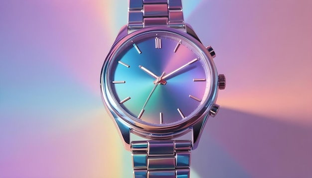 Vector a silver watch with a rainbowcolored face the watch is on a pink background and the rainbow colors are vibrant and eyecatching