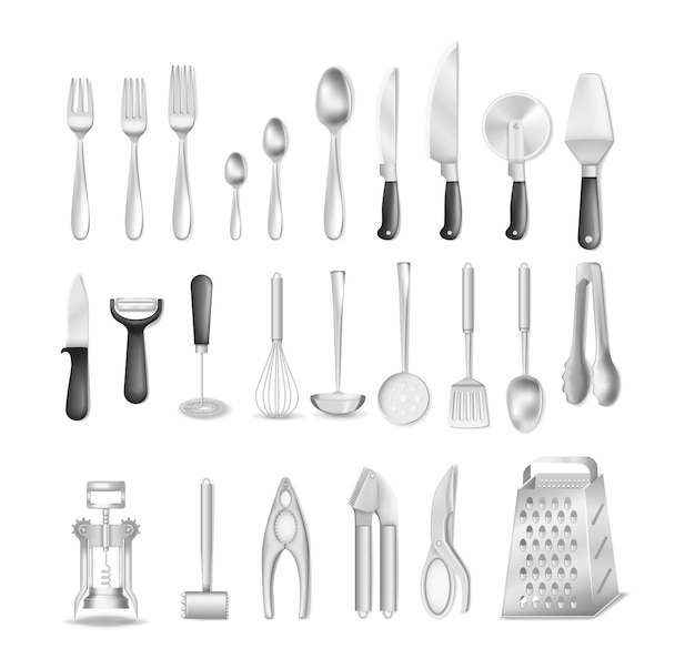 Silverware fork knife spoon kitchen tongs whisk corkscrew grater meat scissors garlic grinder