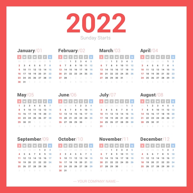 simple 2022 calendar week starts Sunday