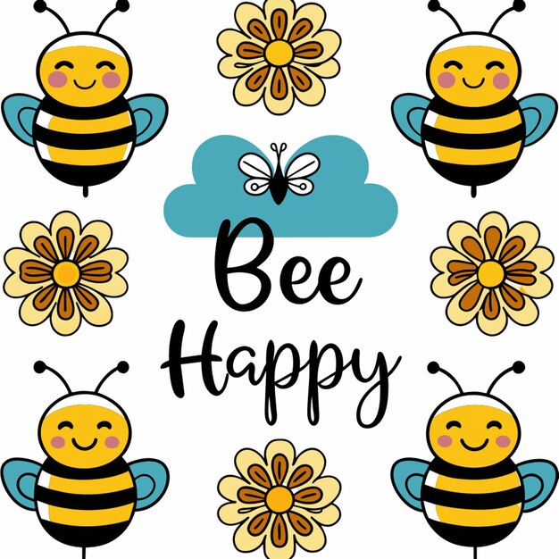 Vector a simple 4 layered svg pattern with cute bee illustrations and the message bee happy on a white