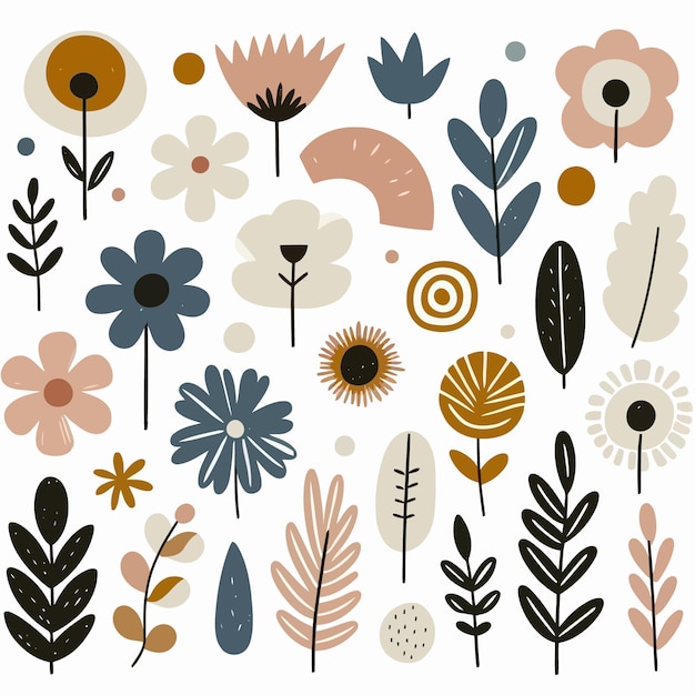 Simple Abstract hand drawn various shapes and flat flower Nature flowers and Leaves illustration on white backgroud