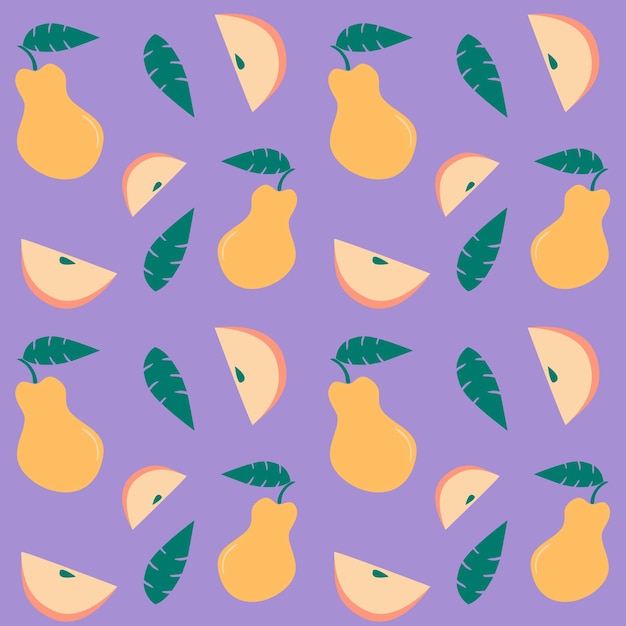 Simple abstract naive fruits seamless pattern Pear apple slices leaves background Eco friendly