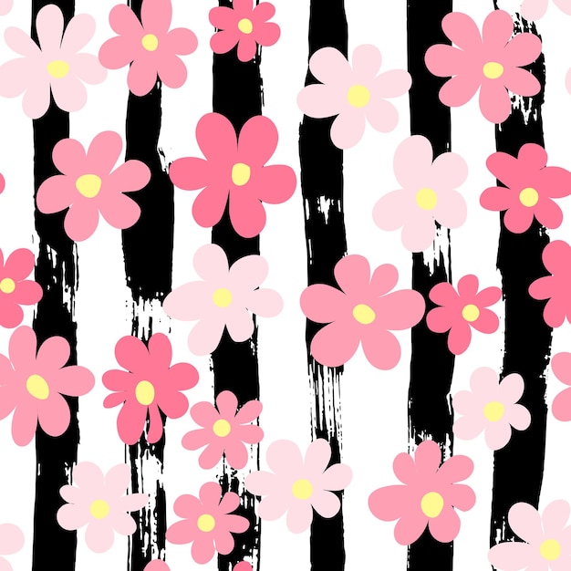 Simple abstract seamless brush pattern with pink sakura flowers on dry brush steams