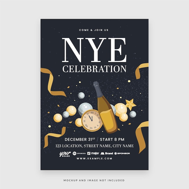 Simple Black Theme New Year's Eve Event NYE Night Party Flyer Template in Vector V1