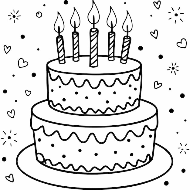 Vector simple black and white birthday cake with three candles free coloring page