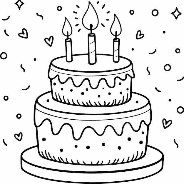 Vector simple black and white birthday cake with three candles free coloring page