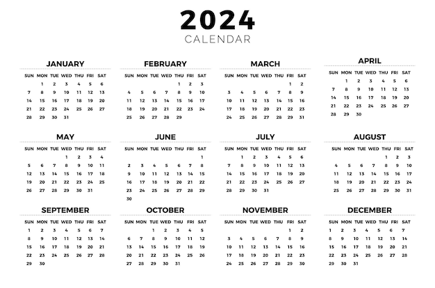 Vector simple black and white calendar of 2024 design