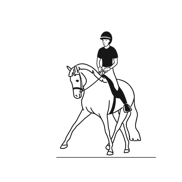 Simple black and white illustration rider and a horse perform elements of dressage half pass