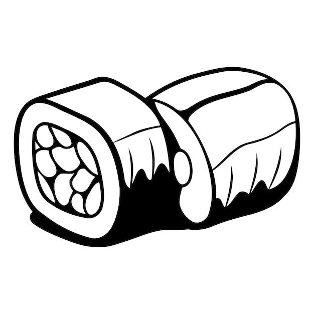 Vector a simple black and white line drawing of a cartoon sushi roll