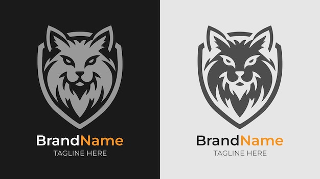 Simple black and white silhouette logo of an angry cat head inside a shield