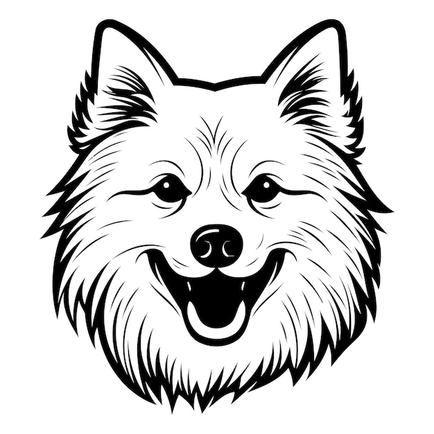 A simple bold black and white illustration of a dogs head with a friendly expression