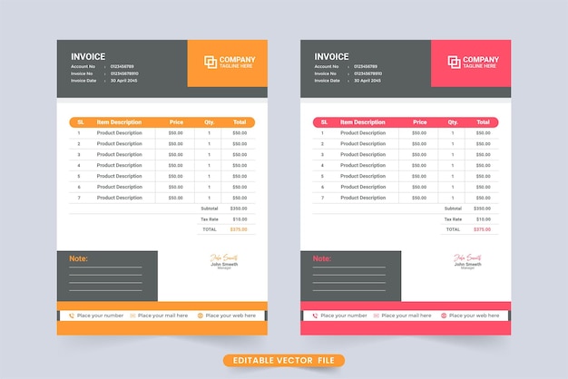 Simple business invoice and payment receipt design with red and orange colors Professional cash receipt vector with geometric shapes Print ready payment agreement and invoice bill template vector