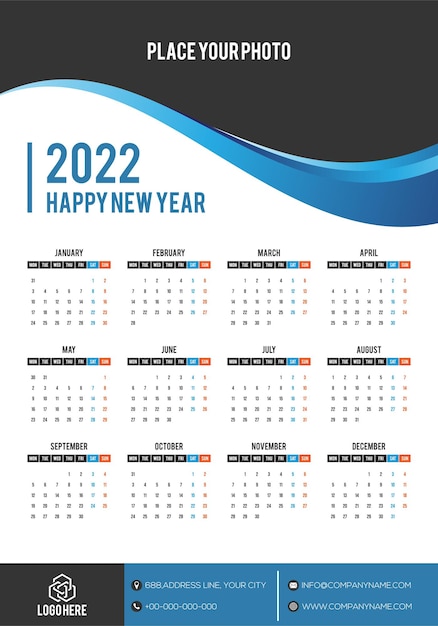 Simple calendar Layout for 2022 years. One page calendar