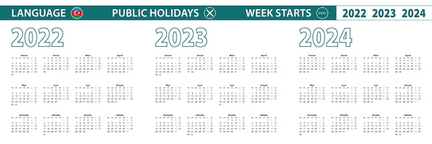 Simple calendar template in Azerbaijani for 2022 2023 2024 years Week starts from Monday