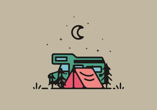 Simple camper van camping illustration