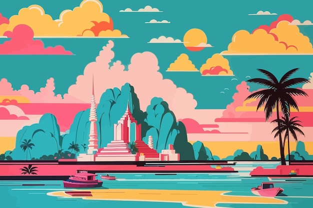 simple cartoon 80s seamless Thailand vibe pop art deco illustration