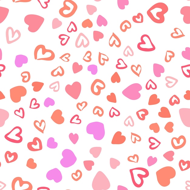 Simple chaotic red hearts seamless pattern on white background