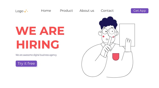 Simple character is hiring employee. Banner we are hiring. People searching for staff, read the cv. Vector trendy line art. Landing page concept for web page