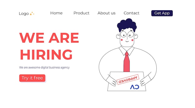 Simple character is hiring employee. Banner we are hiring. People searching for staff, read the cv. Vector trendy line art. Landing page concept for web page