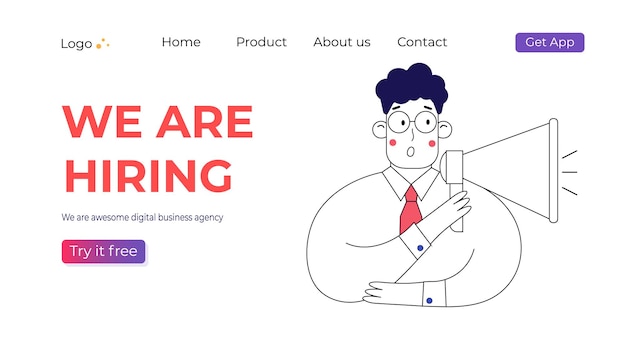 Simple character is hiring employee. Banner we are hiring. People searching for staff, read the cv. Vector trendy line art. Landing page concept for web page