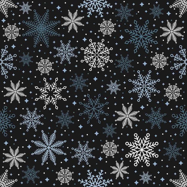 Simple Christmas seamless pattern Snowflakes with different ornaments On black background