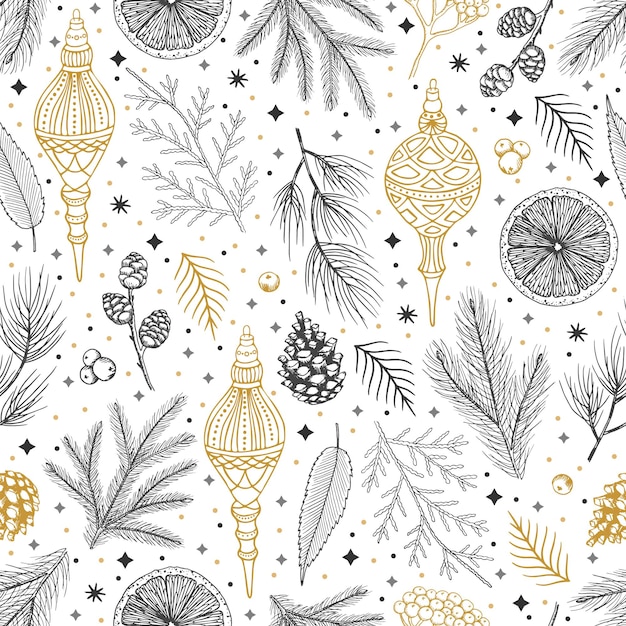 Simple Christmas seamless pattern Snowflakes with different ornaments On black background