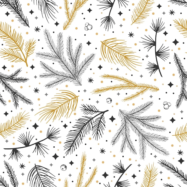 Simple Christmas seamless pattern Snowflakes with different ornaments On black background