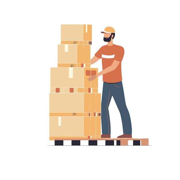 Vector simple clip art of an employee using bar codes to scan boxes on shelves in a warehouse with a yellow